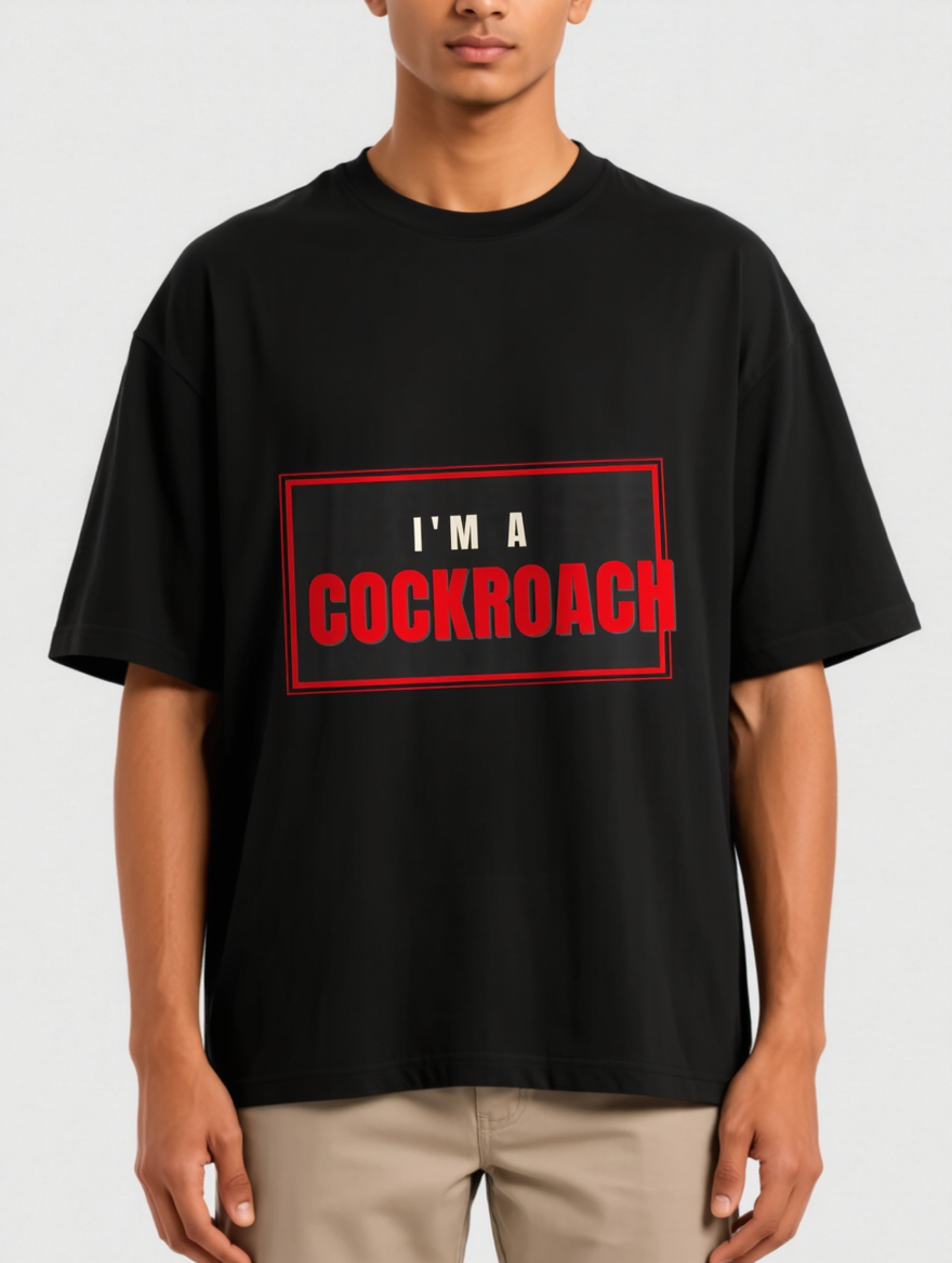 Model wearing I'm A Cockroach oversized tee, front view